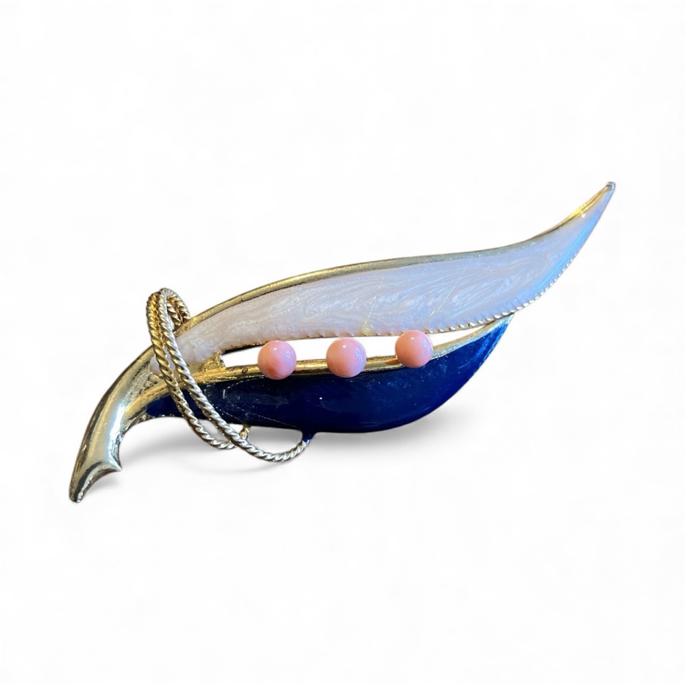 Mid Century Modern Abstract Leaf Brooch Gold Tone Enamel Pink Bead Accent